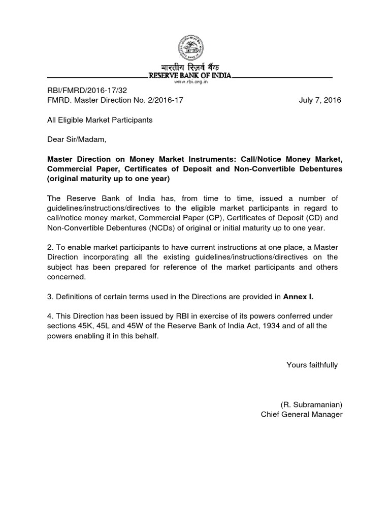 RBI Guidelines July 7, 2016Issuance of NCDs PDF Reserve Bank Of