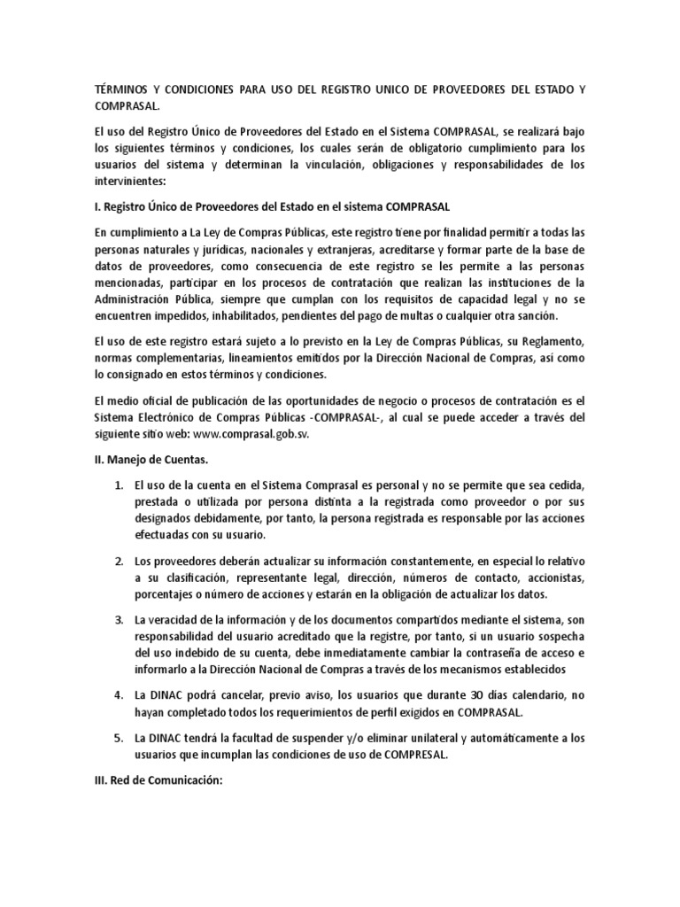 I. Registro Único de Proveedores Del Estado en El Sistema COMPRASAL ...