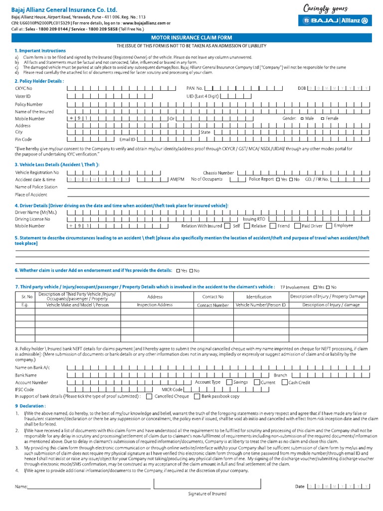 Motor claim form bajaj allianz pdf