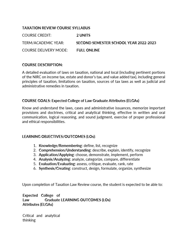 Taxation Review Course Syllabus PDF | PDF | Value Added Tax | Income Tax
