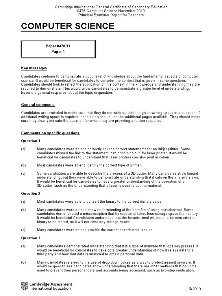 Computer Science Paper 0478/11 Paper 1 PDF Data Algorithms