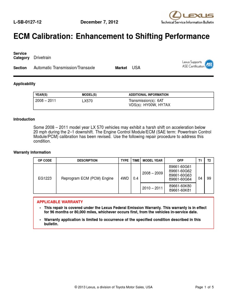 ECM Calibration Lexus570 Enhancement To Shifting Performance 2008 09 PDF