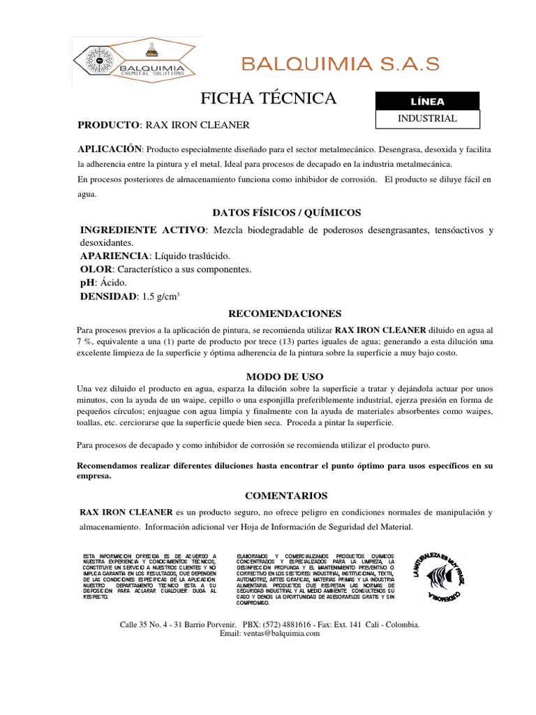 Ficha Técnica Rax Iron Cleaner PDF Agua Corrosión
