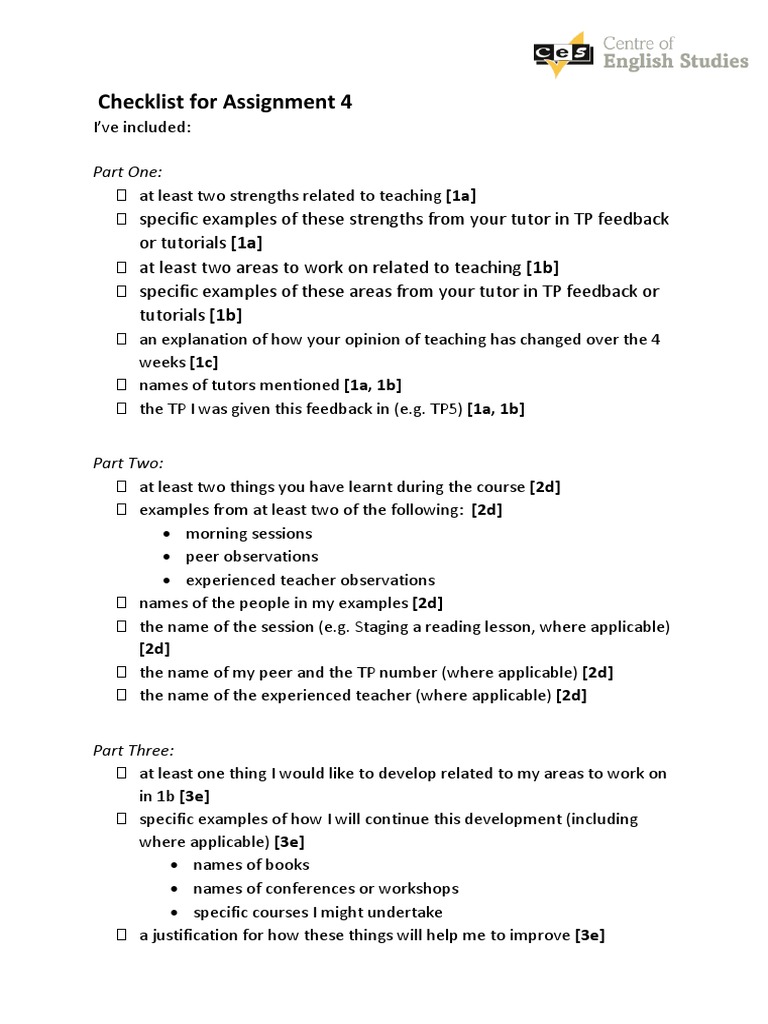 Checklist For Assignment 4 PDF | PDF