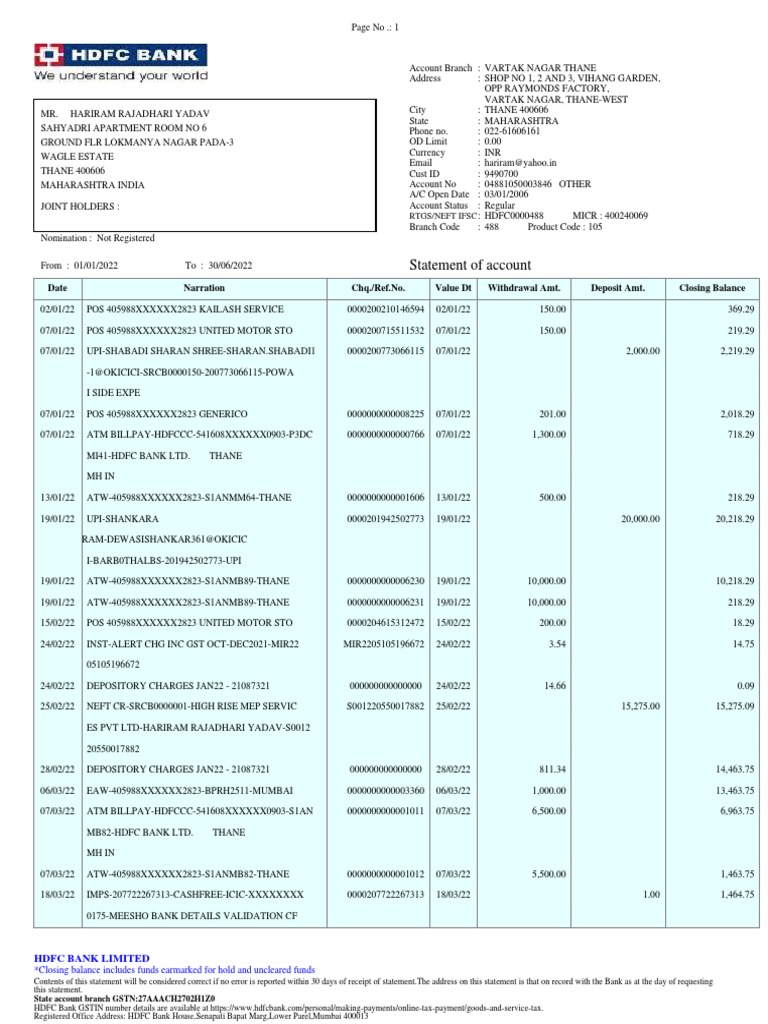 HDFC Bank Statement Overview | PDF | Business | Economies