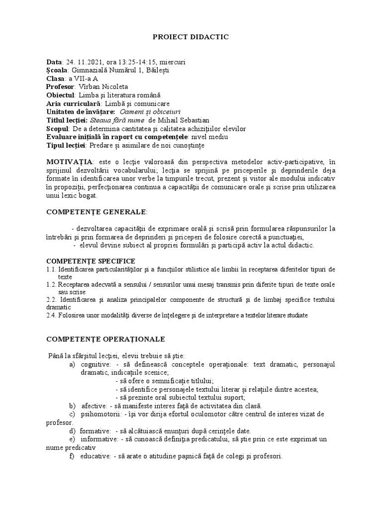 PROIECT DIDACTIC Clasa A VII A | PDF