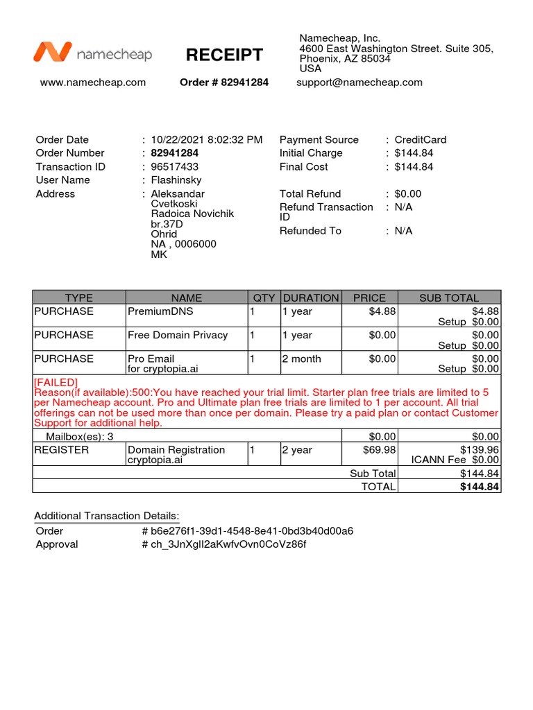 Namecheap Order Receipt #82941284 | PDF | Credit Card | Internet