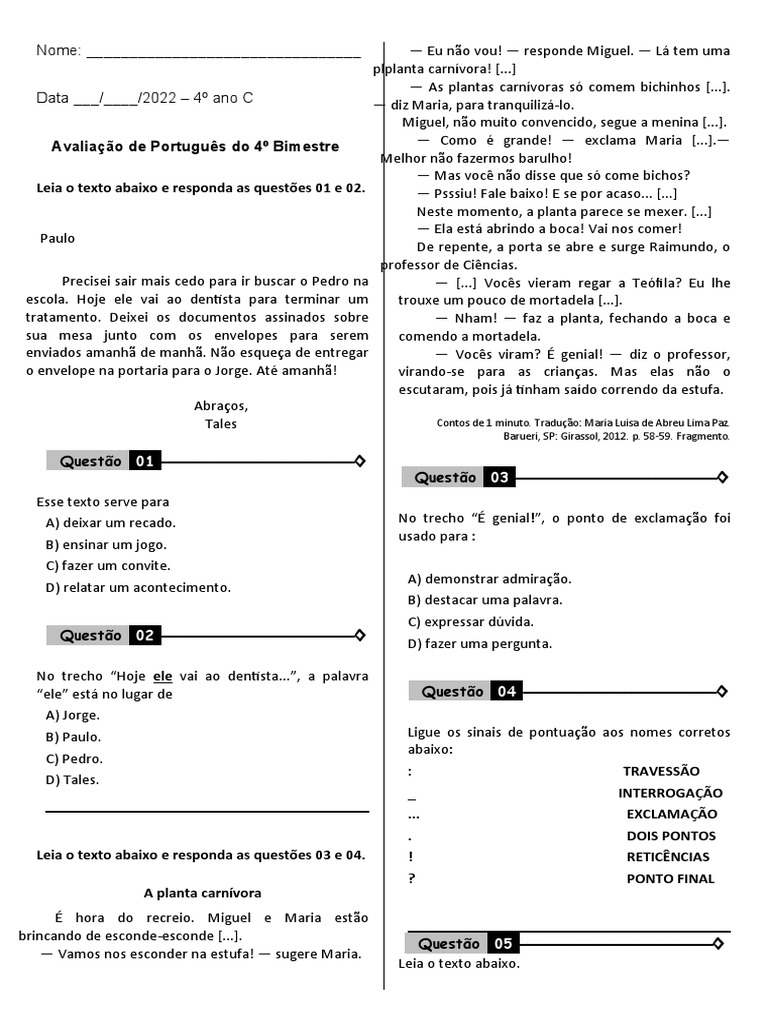 Avaliação de Portugues 4 Ano Do 4 Bimestre | PDF