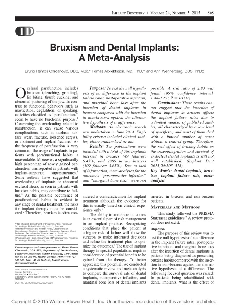 Bruxism and Dental Implants A MetaAnalysis PDF Dental Implant