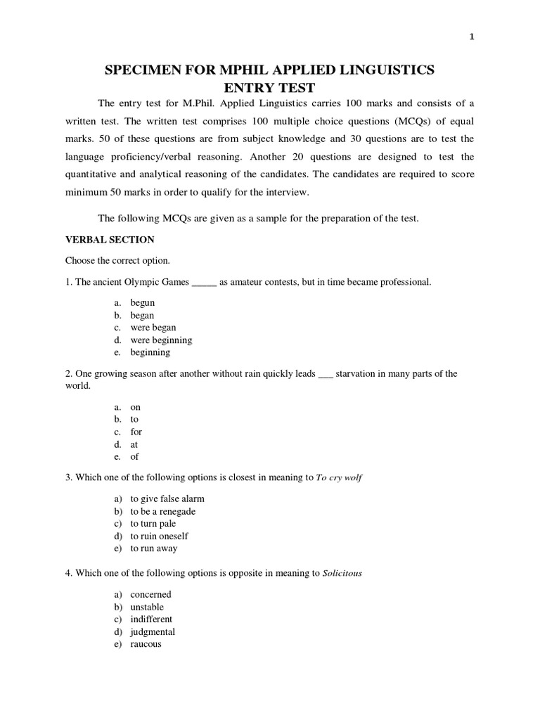 M.Phil Applied Linguistics Entry Test Guide | PDF | Linguistics ...