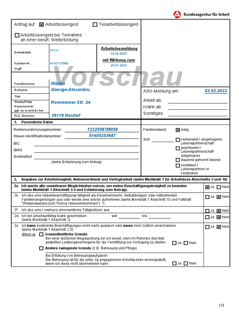 Vorschau Antrag Auf Arbeitslosengeld PDF | PDF