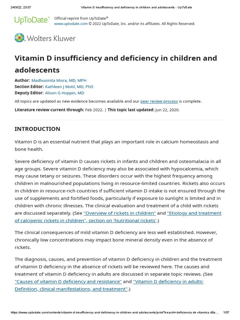 03 2022 UpToDate Vitamin D Insufficiency and Deficiency in Children and