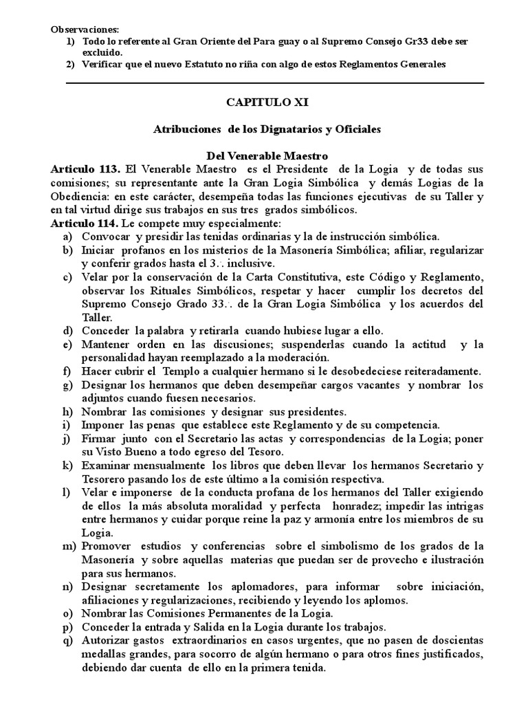 Atribuciones y deberes de los dignatarios y oficiales de la Logia