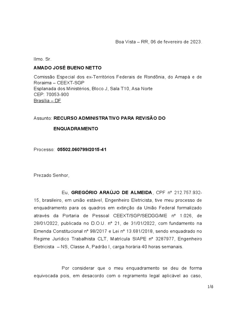 Recurso administrativo para revis o do enquadramento de servidor