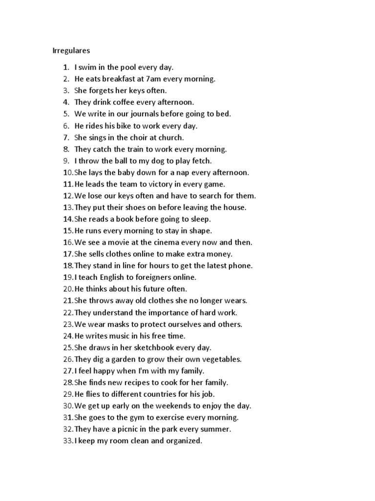 100 Oraciones En Ingles Con Verbos Regulasres E Irregulares Pdf Meal
