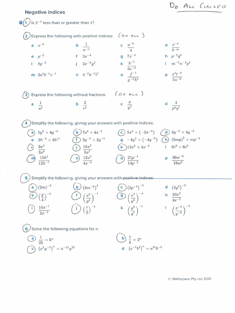 Negative Indices Worksheet PDF