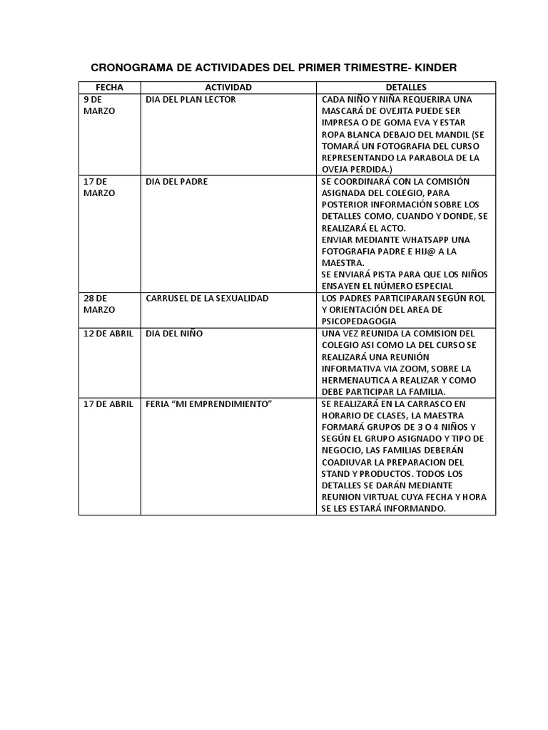 Cronograma de Actividades Del Primer Trimestre - Kinder Mañana PDF | PDF