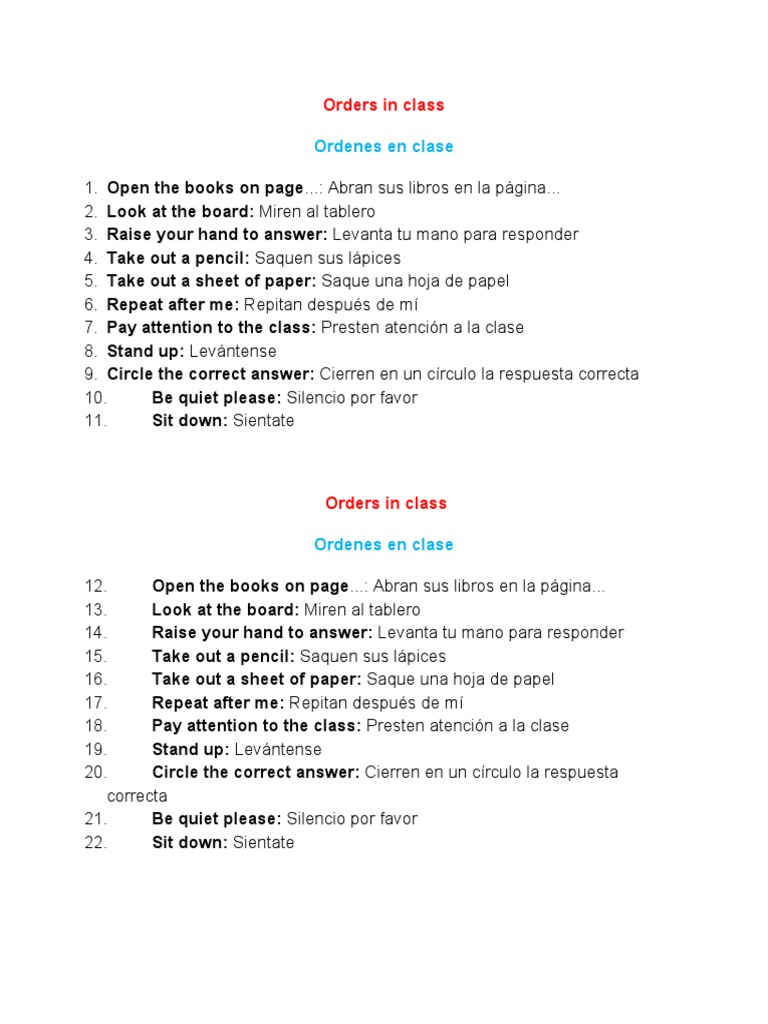 10 Órdenes en Inglés para Clases | PDF | Artes del Lenguaje y Comunicación