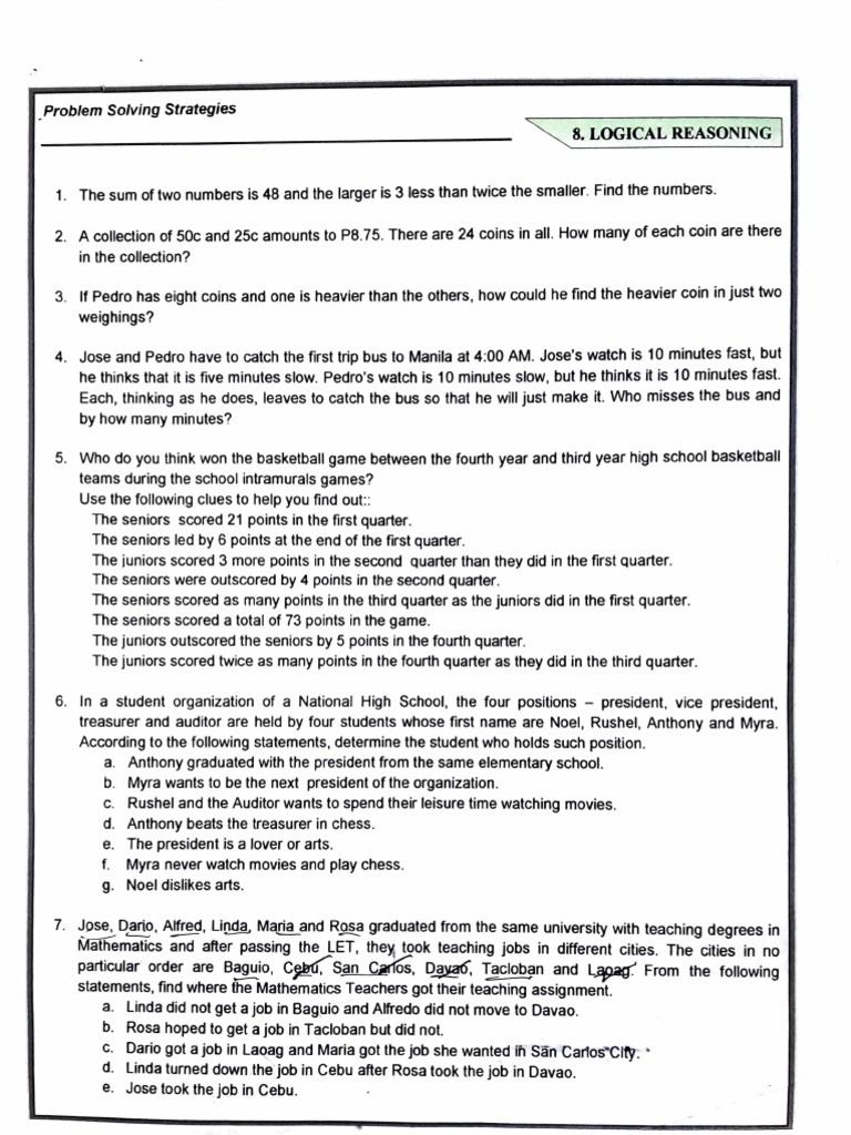 Logical Reasoning, Simplify, Work Backwards, Search For Patterns | PDF ...