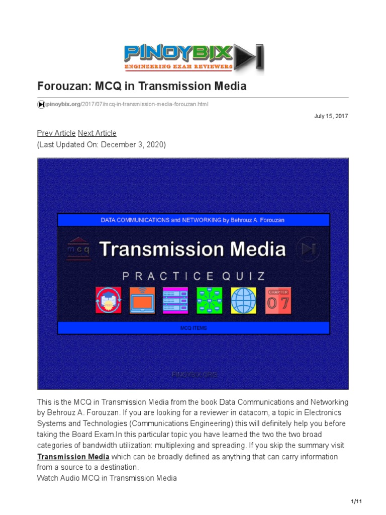 Forouzan MCQ in Transmission Media PDF Transmission Medium