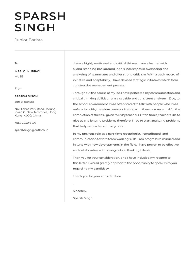 Aspiring Barista's Cover Letter | PDF