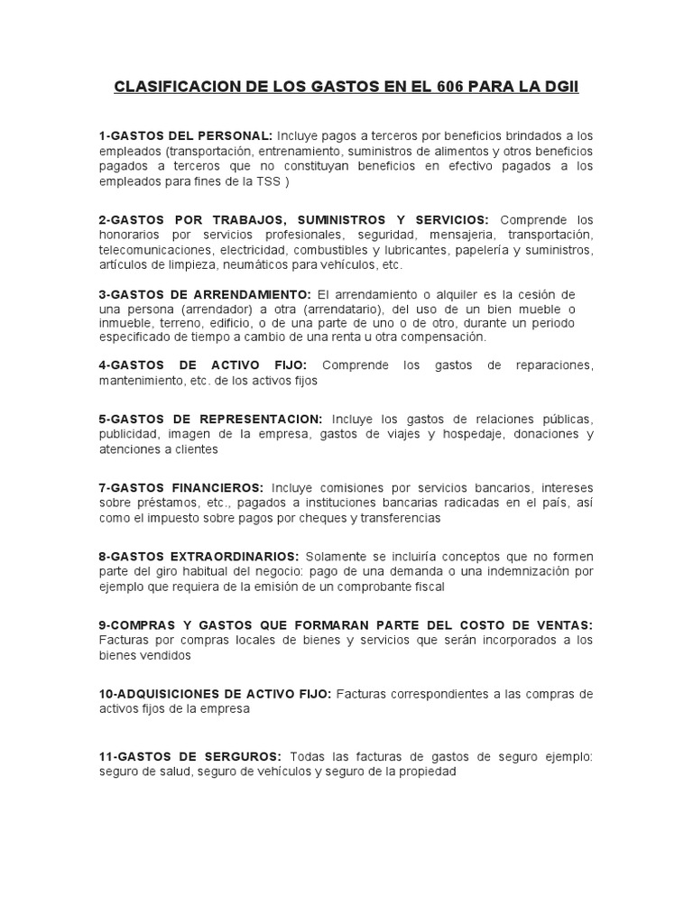 Clasificacion de los gastos en el 606 para la dgii pdf