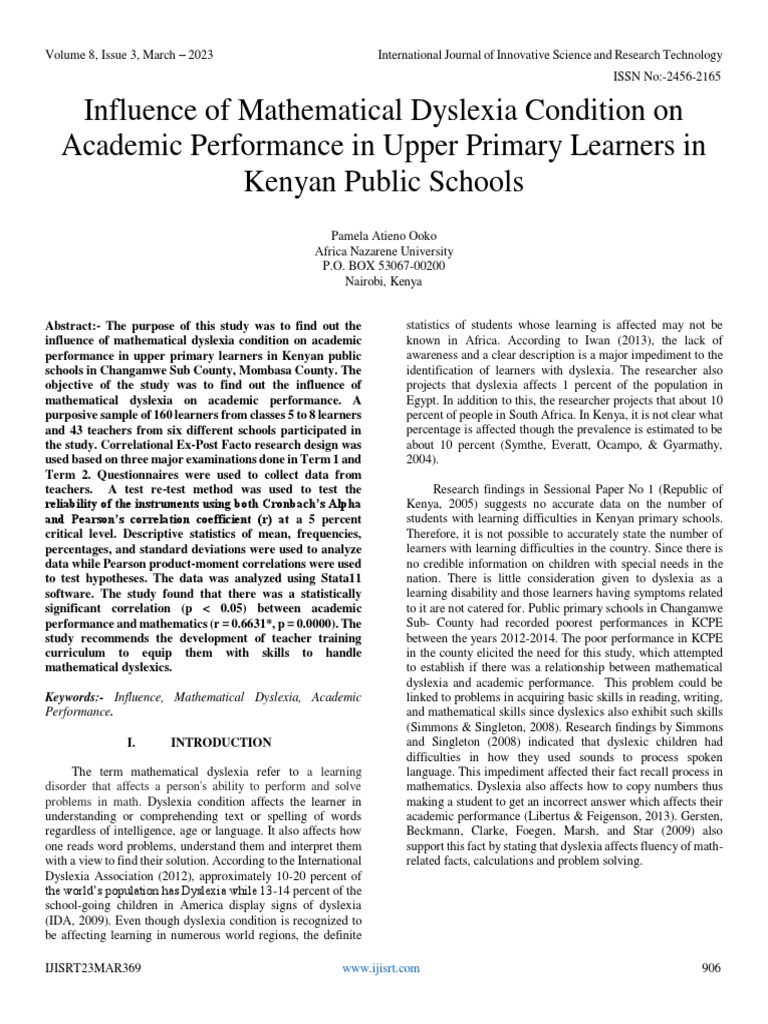 Influence of mathematical dyslexia condition on academic performance in