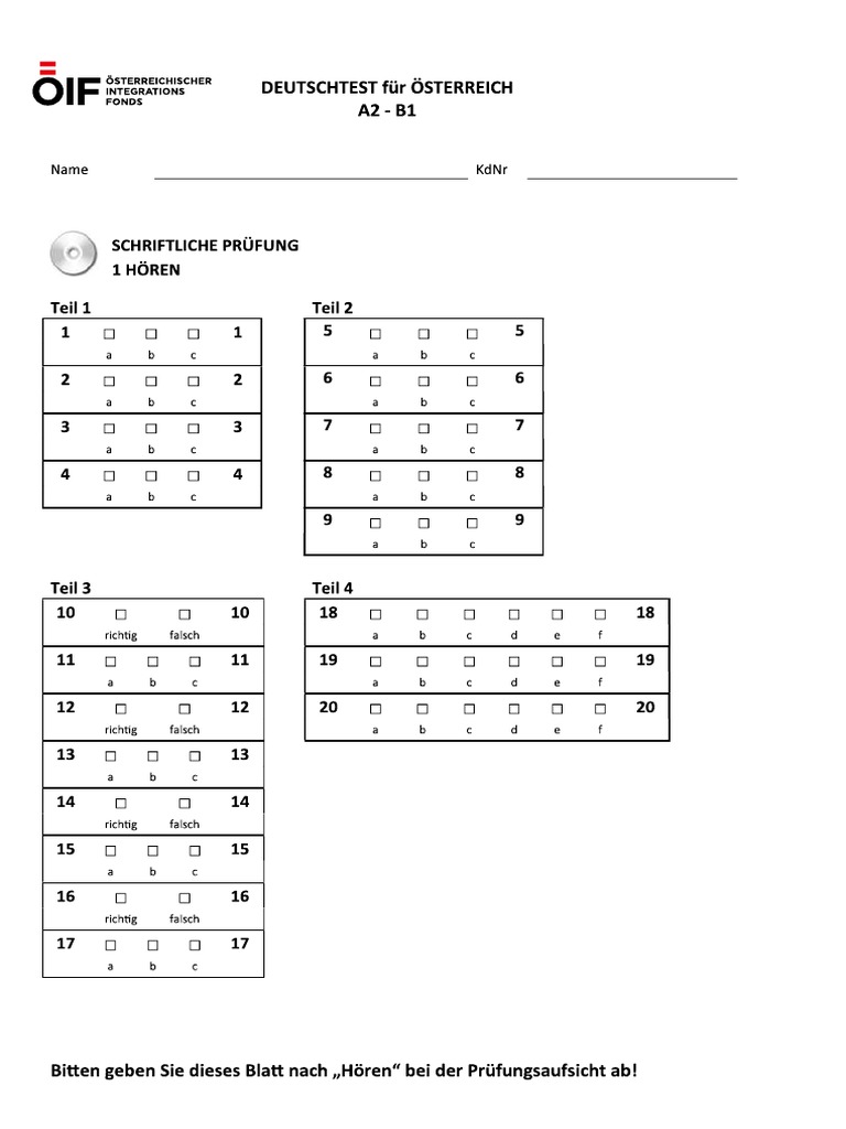 Antwortbogen DTOE Modelltest PDF | PDF