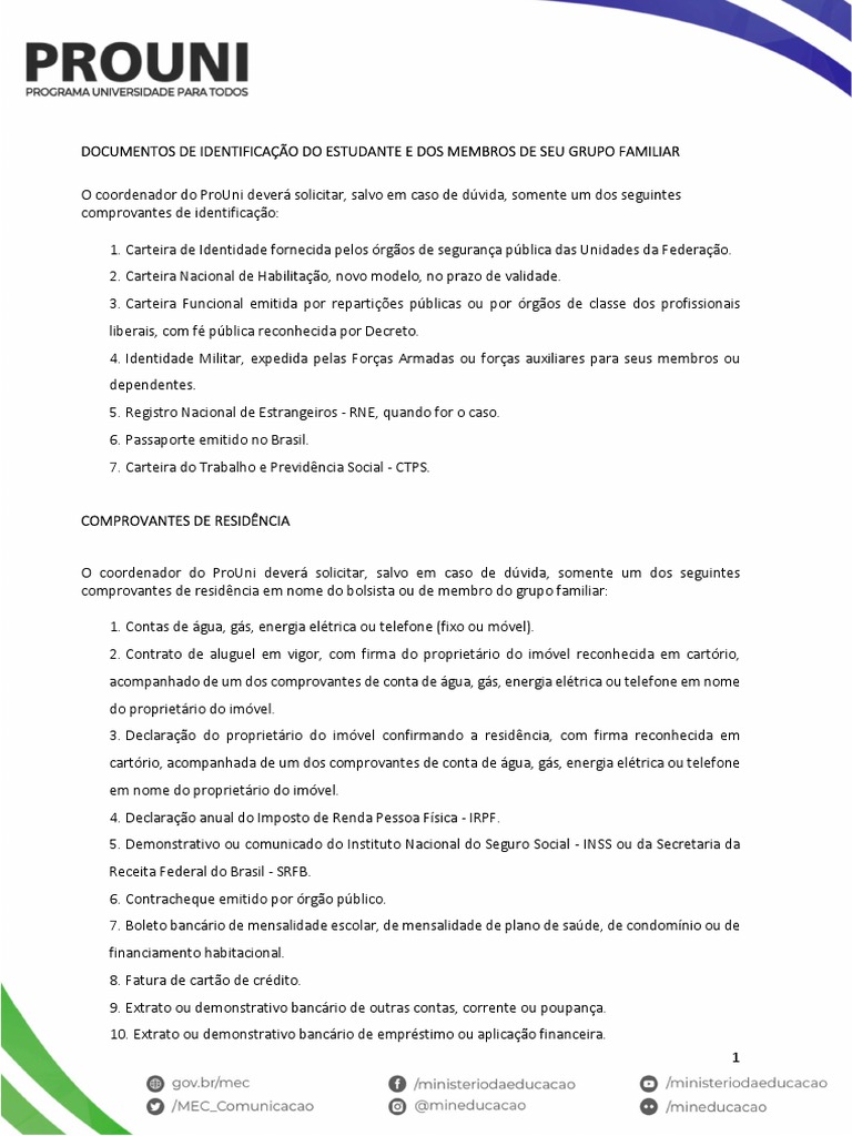 Documentos Necessários para ProUni | PDF | Imposto de Renda | Hora extra