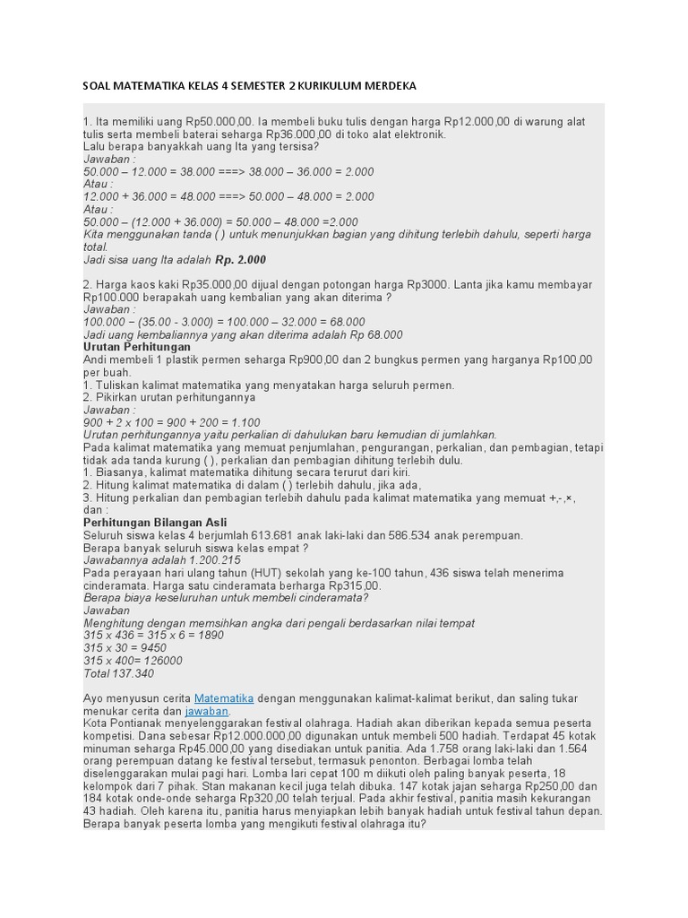 Soal Matematika Kelas 4 Semester 2 Kurikulum Merdeka | PDF | Metode ...