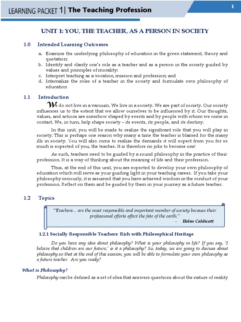 Teacher's Role and Philosophy in Society | PDF | Philosophy Of ...