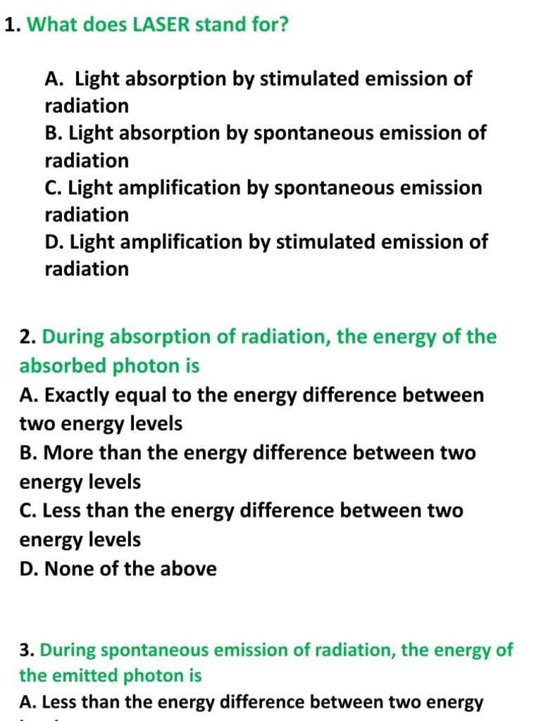 MCQ Unit II Phy110 PDF Laser Emission Spectrum