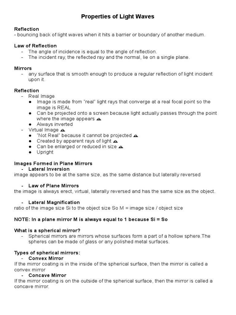 Properties of Light Waves A Comprehensive Review of Reflection, Mirrors, Spherical Mirrors