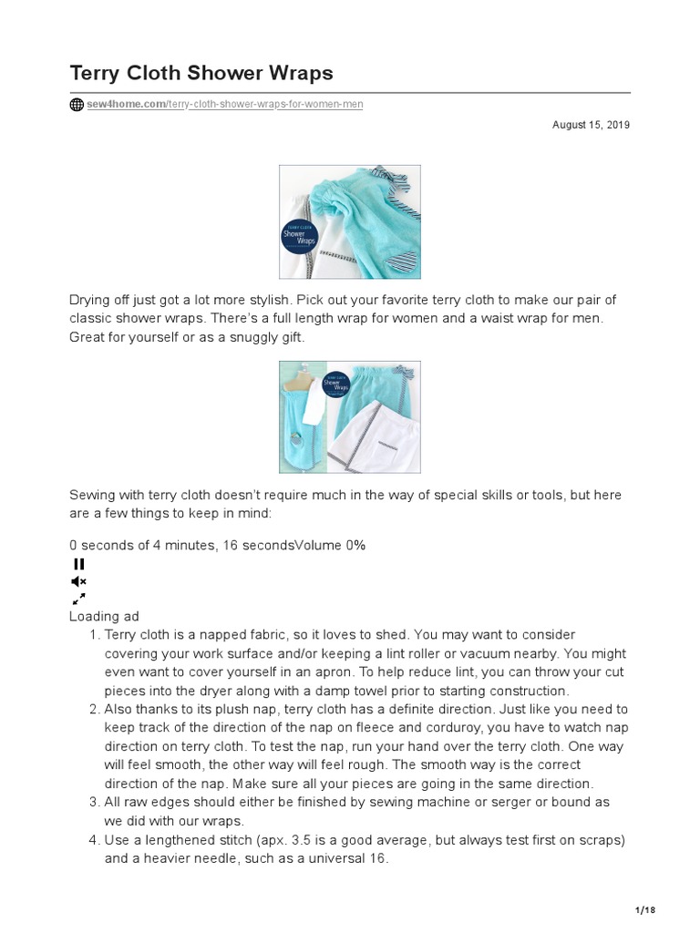 Terry Cloth Shower Wraps PDF Seam (Sewing) Sewing