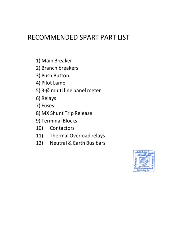 Recommended Spare Parts List | PDF