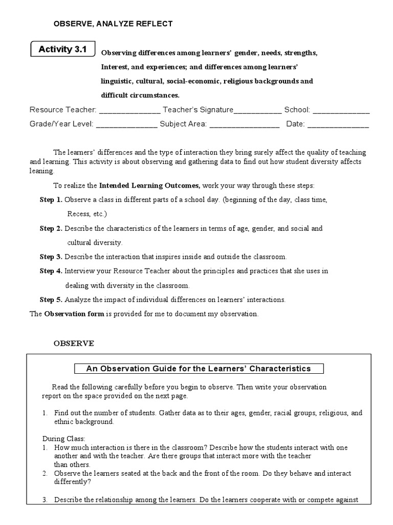 Observing Student Diversity in Classrooms | PDF | Learning ...