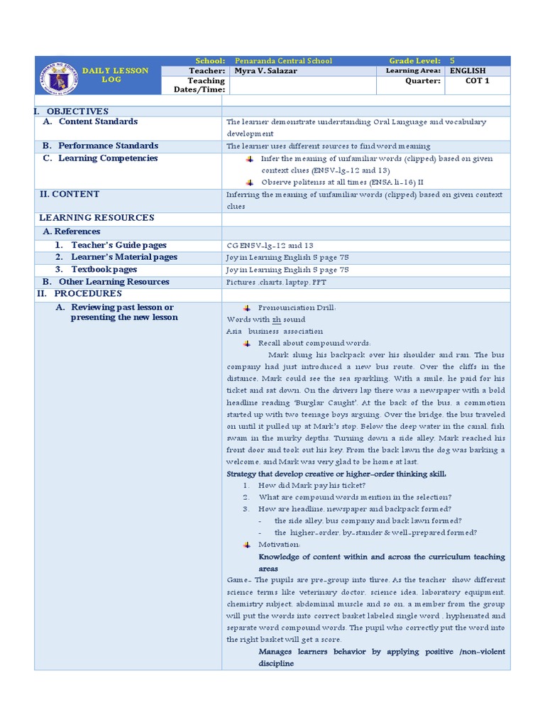 English 5Cot PDF Teachers Learning