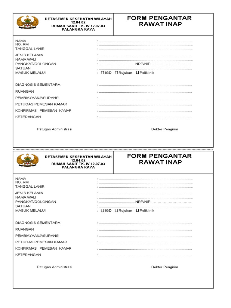 Formulir Rawat Inap Rumah Sakit Palangka Raya | PDF