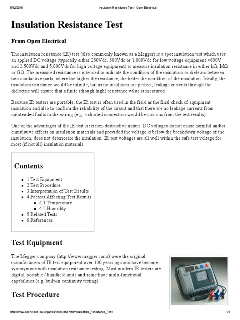 Insulation Resistance Test - Open Electrical PDF | PDF