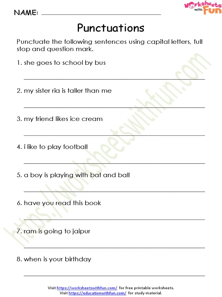 Punctuation Worksheet for Class 2 | PDF