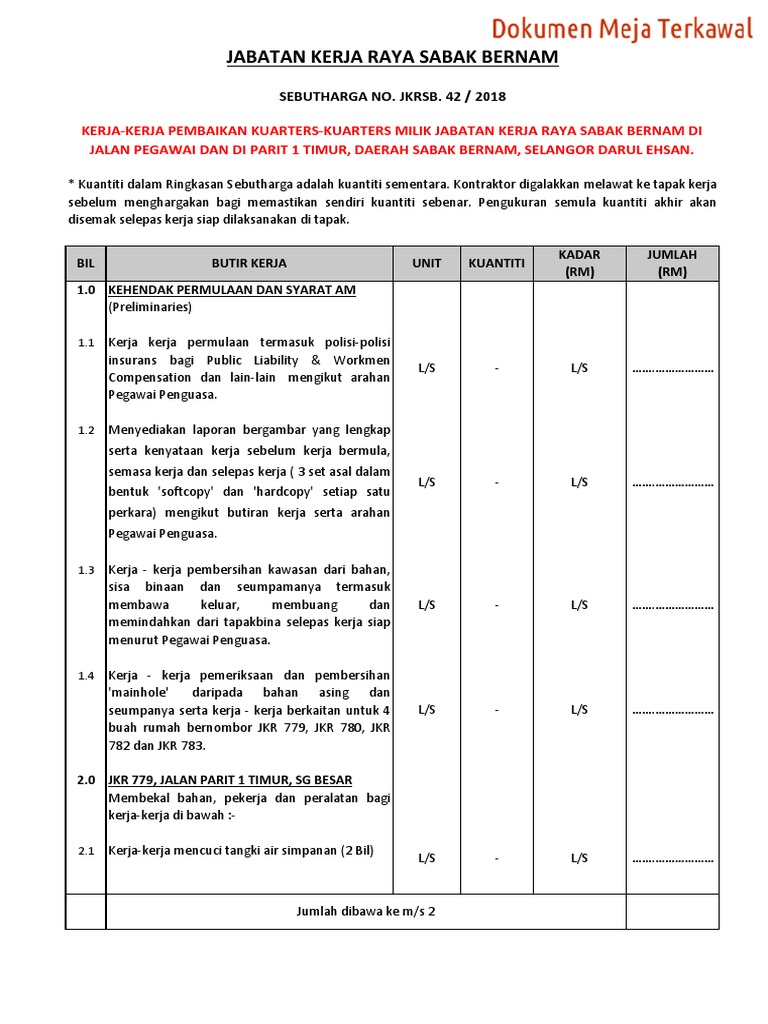 Contoh BQ Kerja Pembinaan JKR | PDF