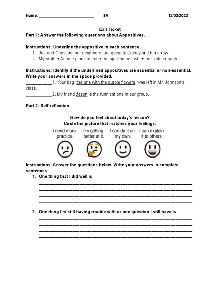 Appositives Exit Ticket 8A | PDF