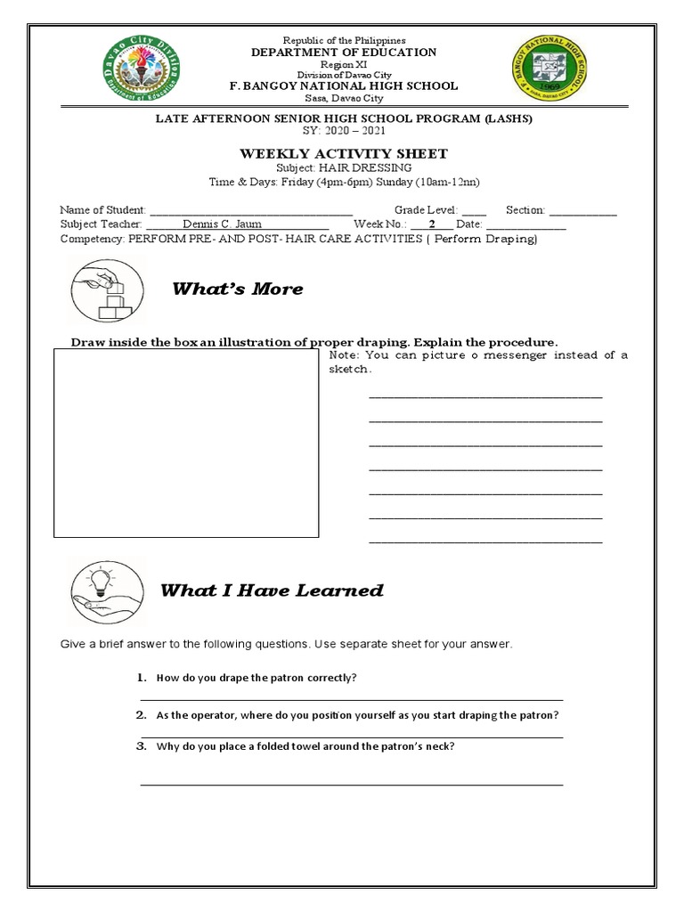 Proper Draping Techniques An Illustrated Weekly Activity Sheet for