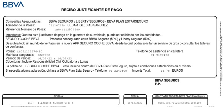 Justificante de Pago Seguro Coche BBVA | PDF