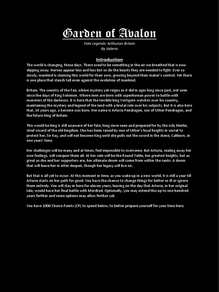 Fate Legends Garden of Avalon JumpChain PDF Excalibur Witchcraft