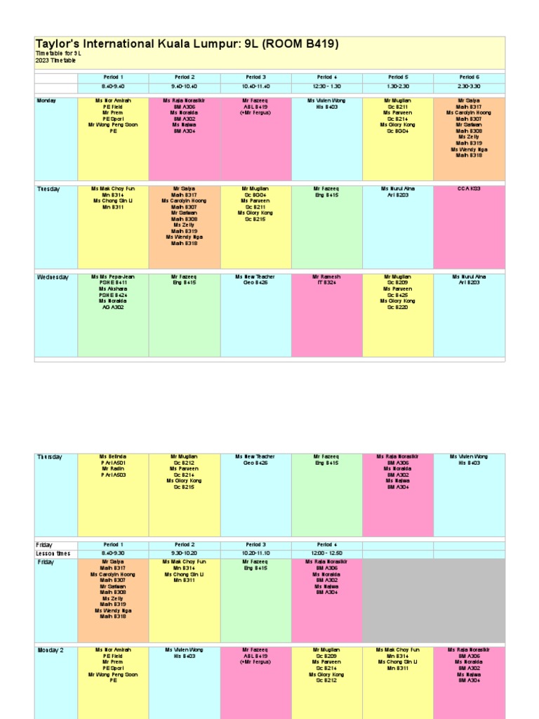 2023 Timetable for 9L at Taylor's KL | PDF