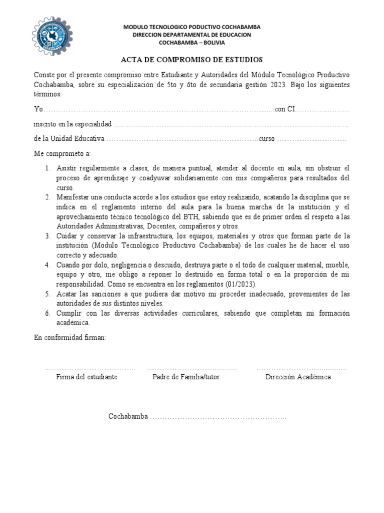 Acta de Compromiso de Estudios Estudiante | PDF