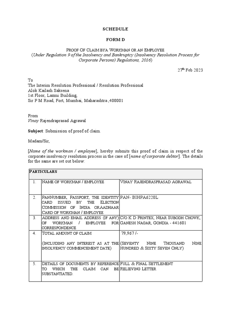 Form D | PDF | Bankruptcy | Justice