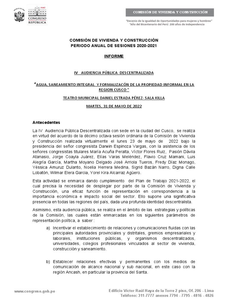 Informe Audiencia CVC Cusco 31.05.2022 | PDF | Perú | Lima