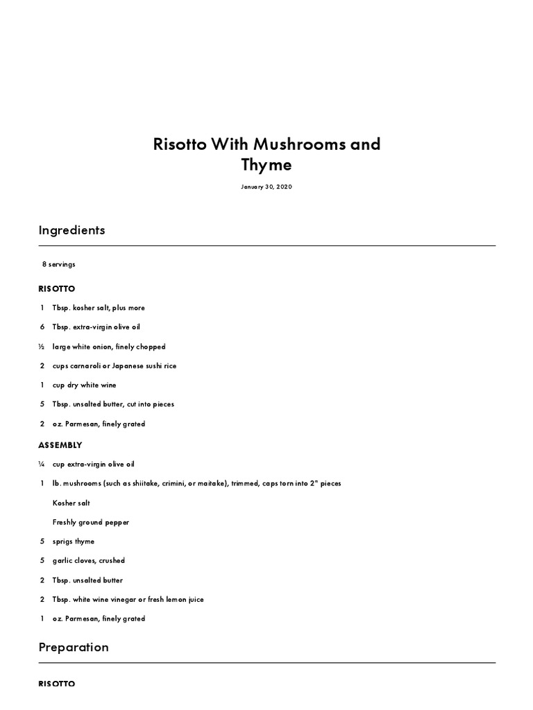 Risotto With Mushrooms and Thyme Recipe Bon Appétit PDF Foods